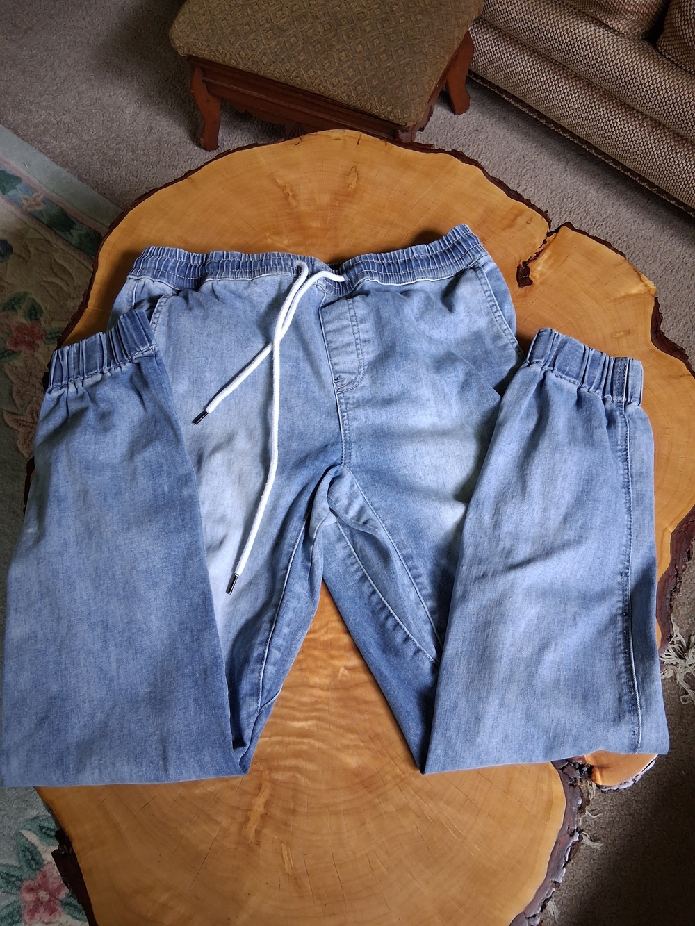 WESC Swedish UNISEX Light Blue Relaxed Denim Joggers with White Drawstring